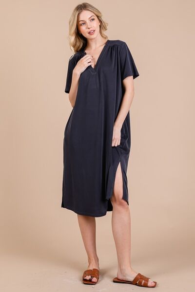 Ces Femme Side Slit Short Sleeve Midi Dress with Pockets