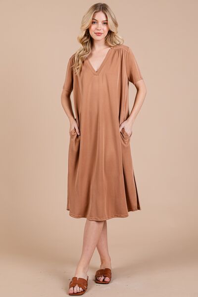 Ces Femme Side Slit Short Sleeve Midi Dress with Pockets