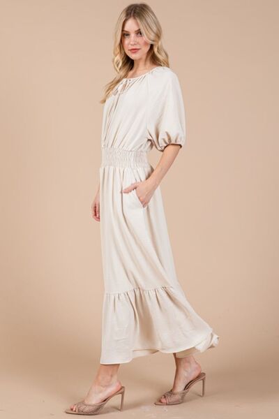 Ces Femme Smocked Elastic Waist Tie Neck Puff Sleeve Dress